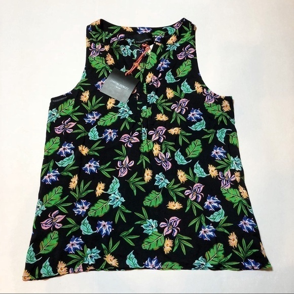Cynthia Rowley Floral Print Sleeveless Top NWT Medium Green Purple Black Tank - Picture 1 of 6